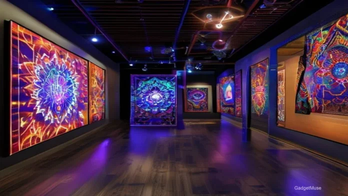 Indian artists showcase digital NFT artwork on screens, illustrating how Indian artists are using NFTs to fund exhibitions |