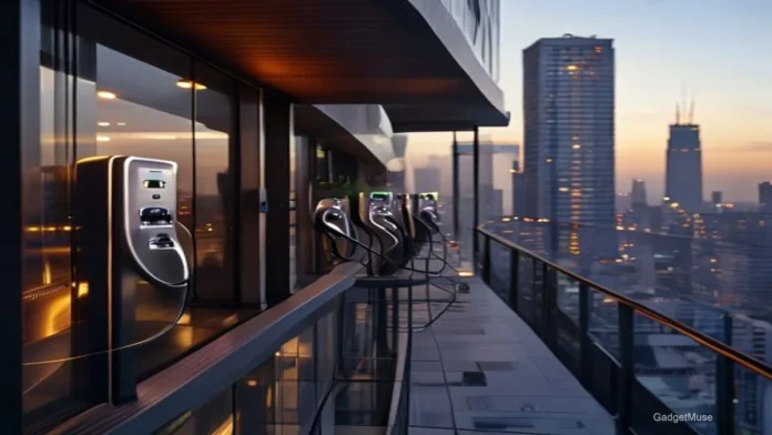 Best EV fast chargers for apartments India: sleek wall-mounted charger with cable, modern apartment building backdrop | Gadge