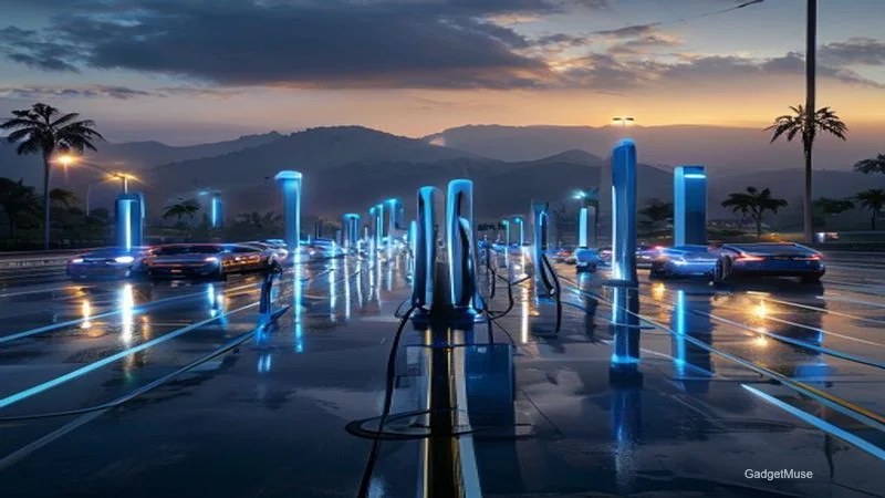 Fastest EV charging stations India 2026: sleek ultra‑fast chargers at a highway rest stop, cars plugged in, modern LED signag