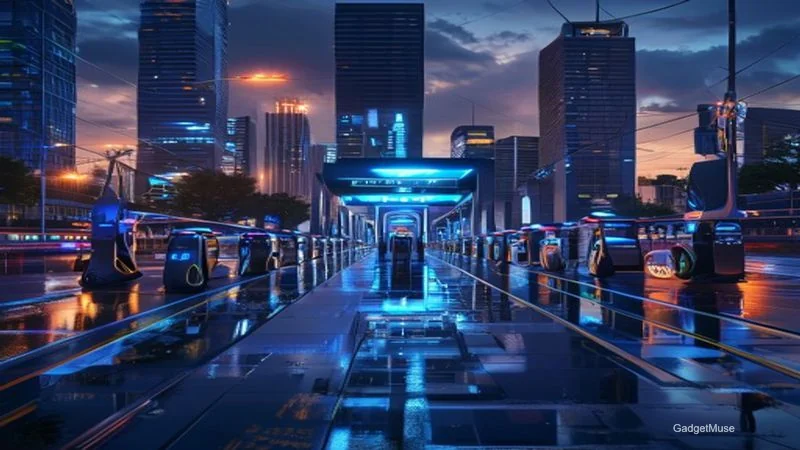 Future of battery swapping stations in Indian metros: sleek urban hub with electric scooters docked, tech displays, bustling 