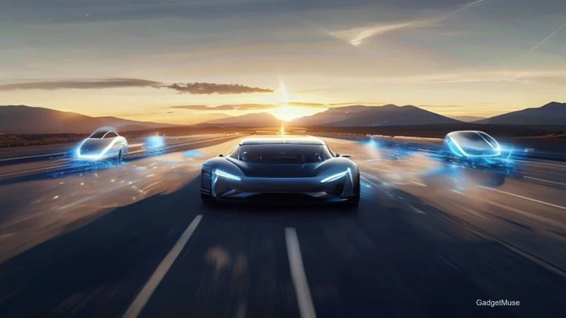 Illustration of solid state battery electric vehicles debuting in 2026, sleek cars charging at a station | GadgetMuse