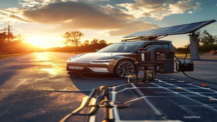 Illustration of a step-by-step guide to building a DIY solar-powered EV charger with panels, wiring and car plug | GadgetMuse