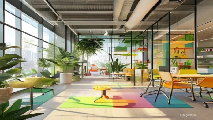 Office lounge with a play area for kids, showcasing the best coworking spaces with childcare facilities India | GadgetMuse