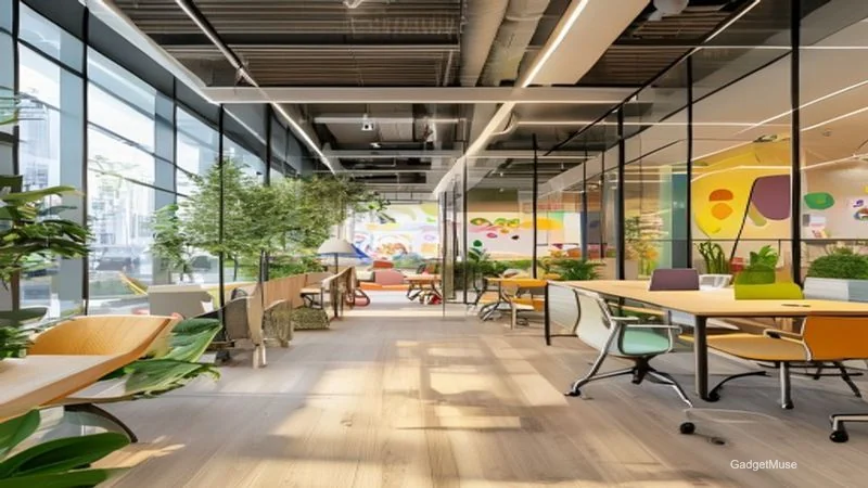 Office lounge with kids play area, showcasing best coworking spaces with childcare facilities India | GadgetMuse