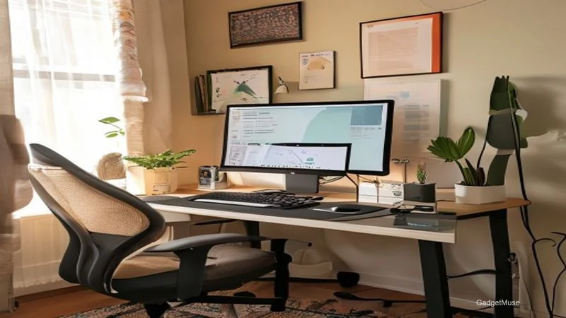 Remote work ergonomics checklist for Indian freelancers: ergonomic chair, laptop stand, external keyboard, proper lighting, p