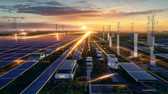 Solar panels powering an EV charger, showing the impact of solar farms on grid stability for EV chargers | GadgetMuse