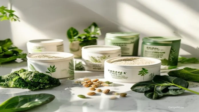 Assortment of plant based protein powder brands India review displayed in colorful sachets on kitchen counter | GadgetMuse