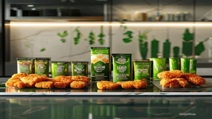 Graph showing plant‑based chicken market growth rate India 2024, with rising bars and a map silhouette | GadgetMuse