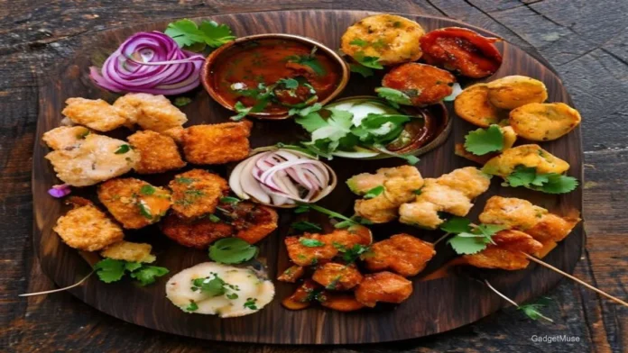 Assortment of vegan meat snack options like plant‑based kebabs, samosas and jerky displayed on a café table | GadgetMuse