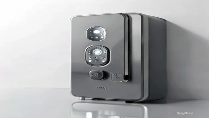 Smart door lock integration with home assistants India, a sleek lock linked to a voice assistant on a phone | GadgetMuse