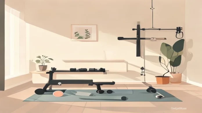 Affordable dumbbells, resistance bands and foldable bench illustrating how to build a home gym under 30000 rupees | GadgetMus