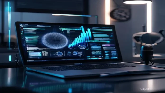 Laptop screen showing the best AI transcription tools for remote meetings India, with waveform and captions | GadgetMuse
