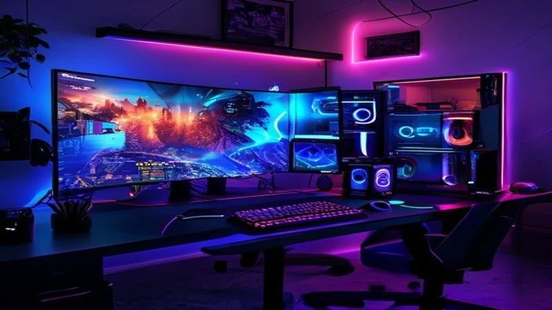 Screenshot of a gamer reading the latest gaming news today on a laptop, with game posters in the background | GadgetMuse