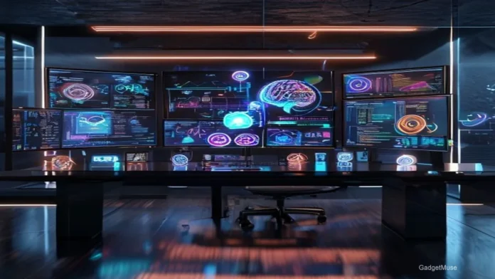Screenshot of a laptop showing top AI tools for marketers, with analytics, content, and automation icons | GadgetMuse