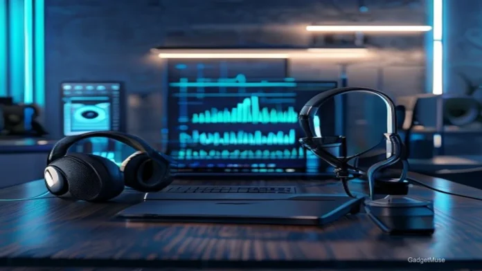Collage of microphone icons and Indian tech logos representing the top tech podcasts India listeners love | GadgetMuse