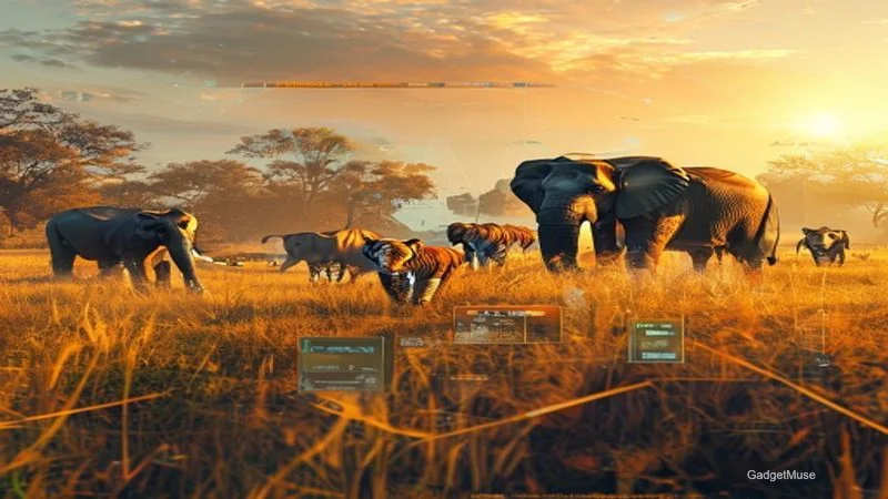 AR-powered wildlife safaris in an Indian national park, tourists viewing holographic animals beside real elephants and tigers