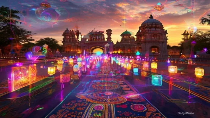 Augmented reality cultural festivals streaming India, vibrant holographic dancers and traditional décor on a smartphone scree
