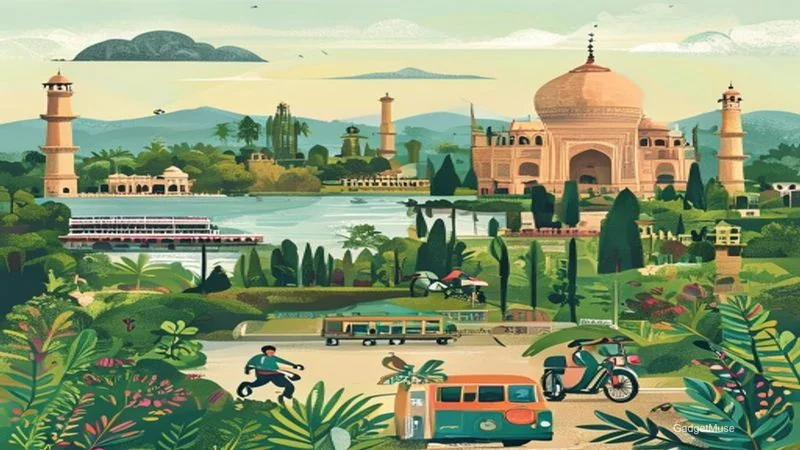 Post‑pandemic travel safety guidelines for sustainable tourism India: travelers wearing masks, using hand sanitizer at a gree