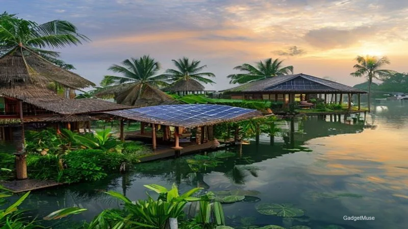 Sustainable eco‑friendly resort in Kerala post pandemic with solar panels, green roofs and coconut trees | GadgetMuse