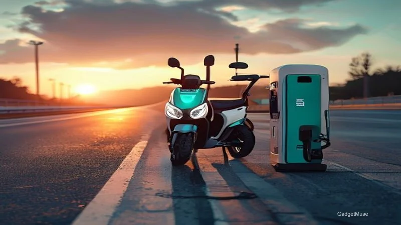 Affordable EV charger installation kits for two-wheelers displayed on a scooter, showing compact cables and plug-in unit | Ga