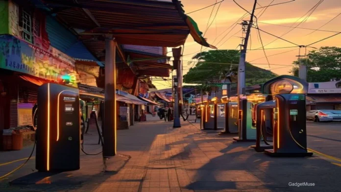 Charging infrastructure incentives for small businesses in India: a storefront with EV charger, solar panels and government g