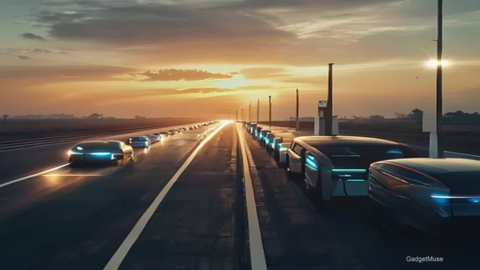EV charger subscription models for corporate fleets India, showing electric cars charging at a fleet hub in Delhi | GadgetMus