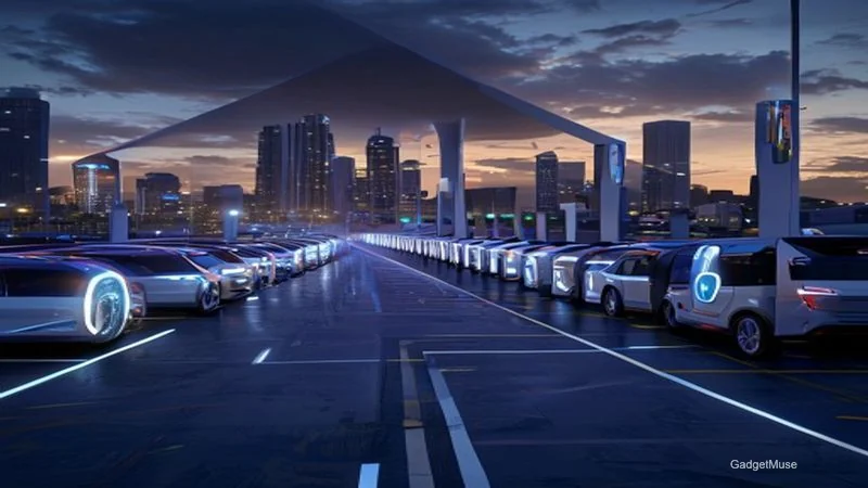 EV charger subscription models for corporate fleets India, showing a fleet of electric vans parked at a charging station with