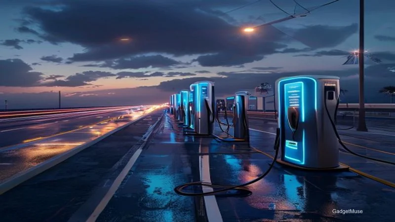 Fastest DC EV chargers in Mumbai 2026 at a bustling charging hub, cars plugged into sleek, high‑power stations | GadgetMuse
