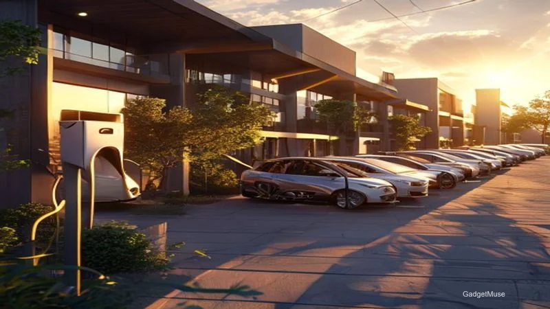 Solar powered EV charging stations for apartment complexes with rooftop panels and sleek charging units on a modern building