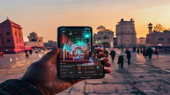 Smartphone displaying a cultural heritage walking tours Delhi audio guide apps map beside Red Fort walls | GadgetMuse