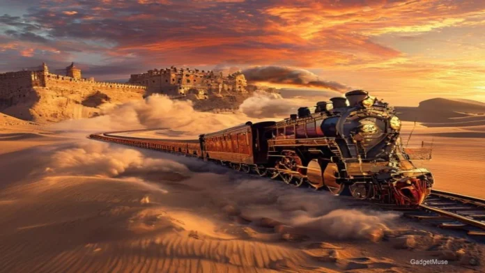 Colorful heritage train journeys through Rajasthan winding past desert dunes and historic forts | GadgetMuse