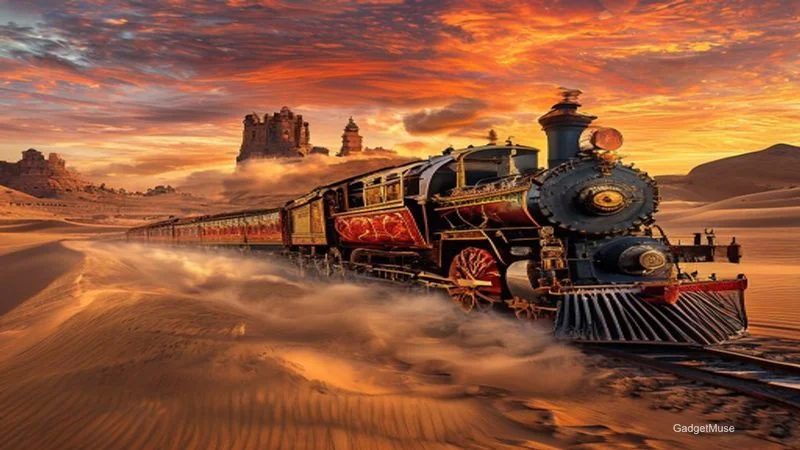 Heritage train journeys through Rajasthan winding past golden forts and desert dunes, showcasing vibrant culture | GadgetMuse