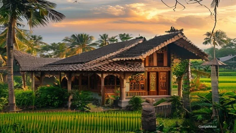 Traditional Kerala heritage village homestays for cultural immersion, showcasing wooden houses, palm thatched roofs, and loca