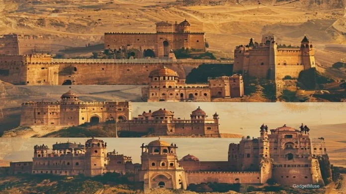 A collage of Indian forts with a laptop displaying the top heritage travel blogs focused on Indian forts | GadgetMuse