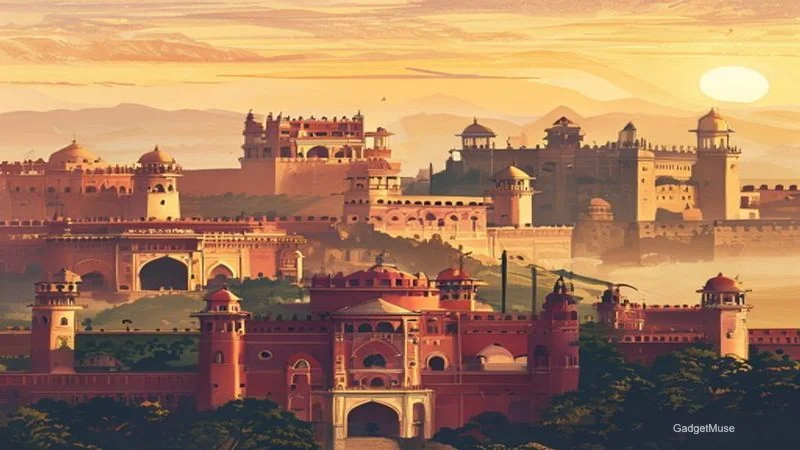 A collage of Indian forts with a laptop displaying top heritage travel blogs focused on Indian forts, showcasing historic arc